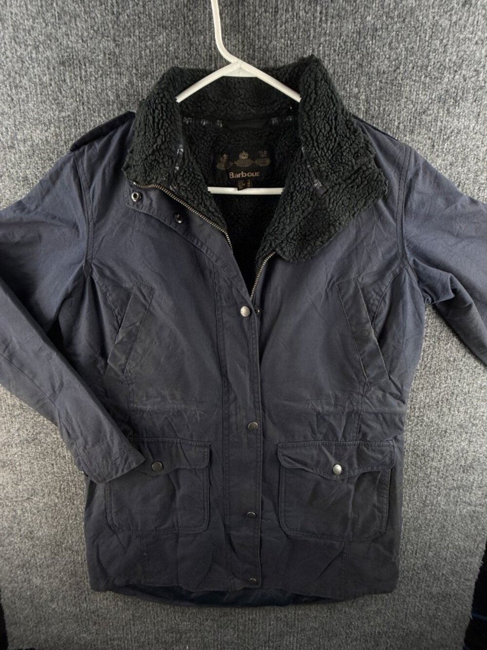 Barbour BRIDPORT Waxed Jacket Women Full Zip Fleece Lined Blue 8 US Winter Warm
